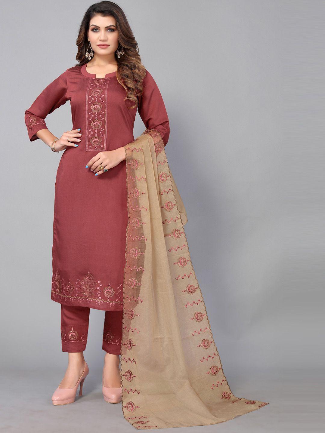 nimayaa maroon ethnic motifs embroidered pure cotton kurta with trousers & with dupatta
