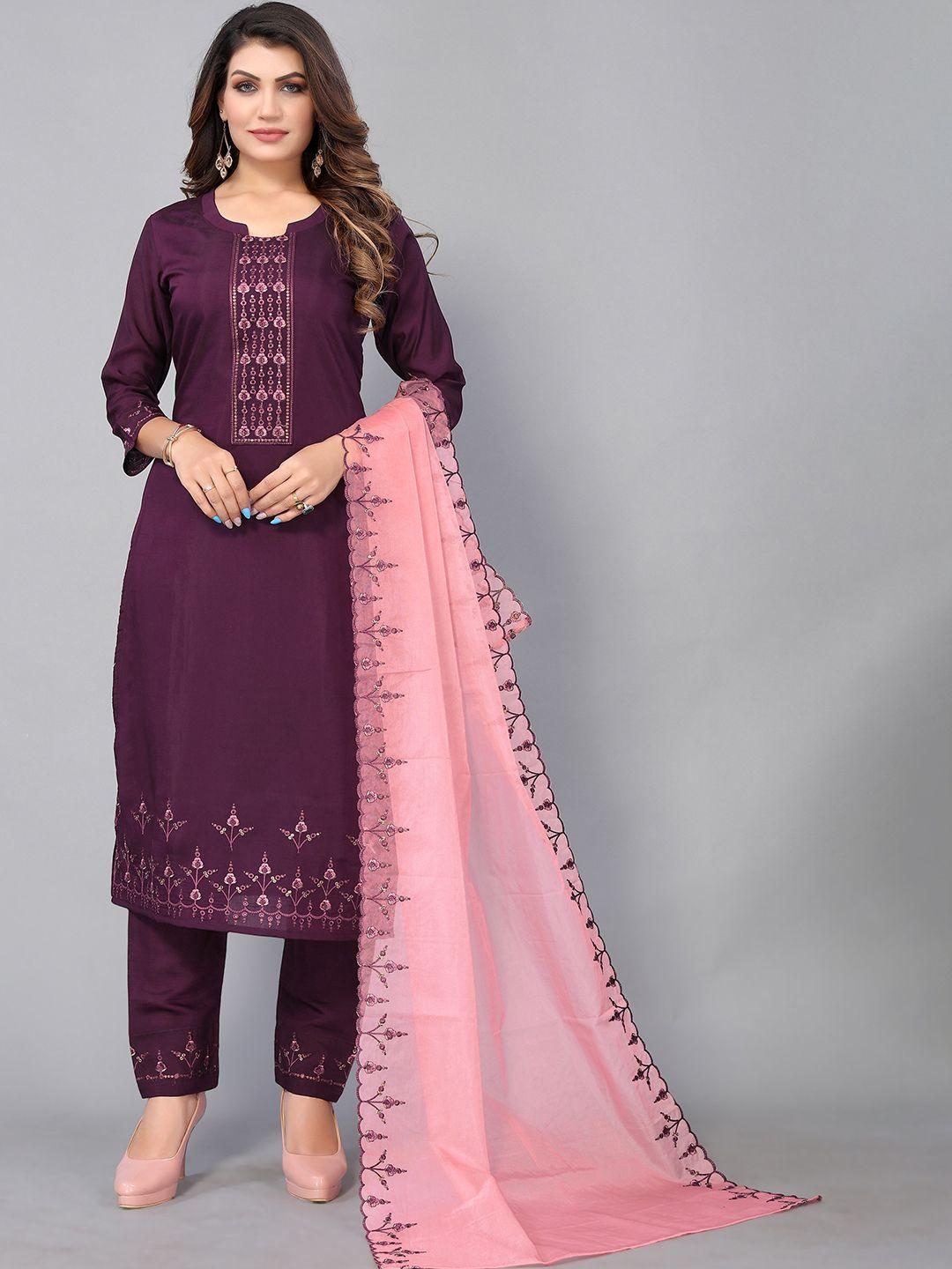 nimayaa purple ethnic motifs embroidered pure cotton kurta with trousers & with dupatta
