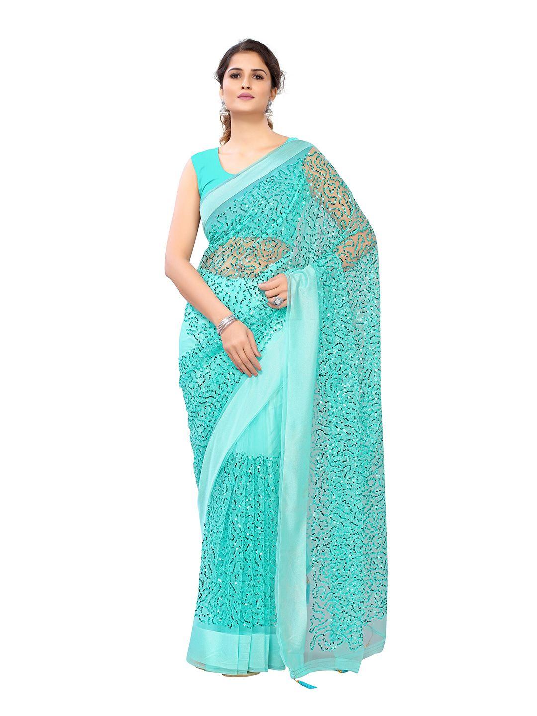 nimayaa sea green embellished sequinned net saree