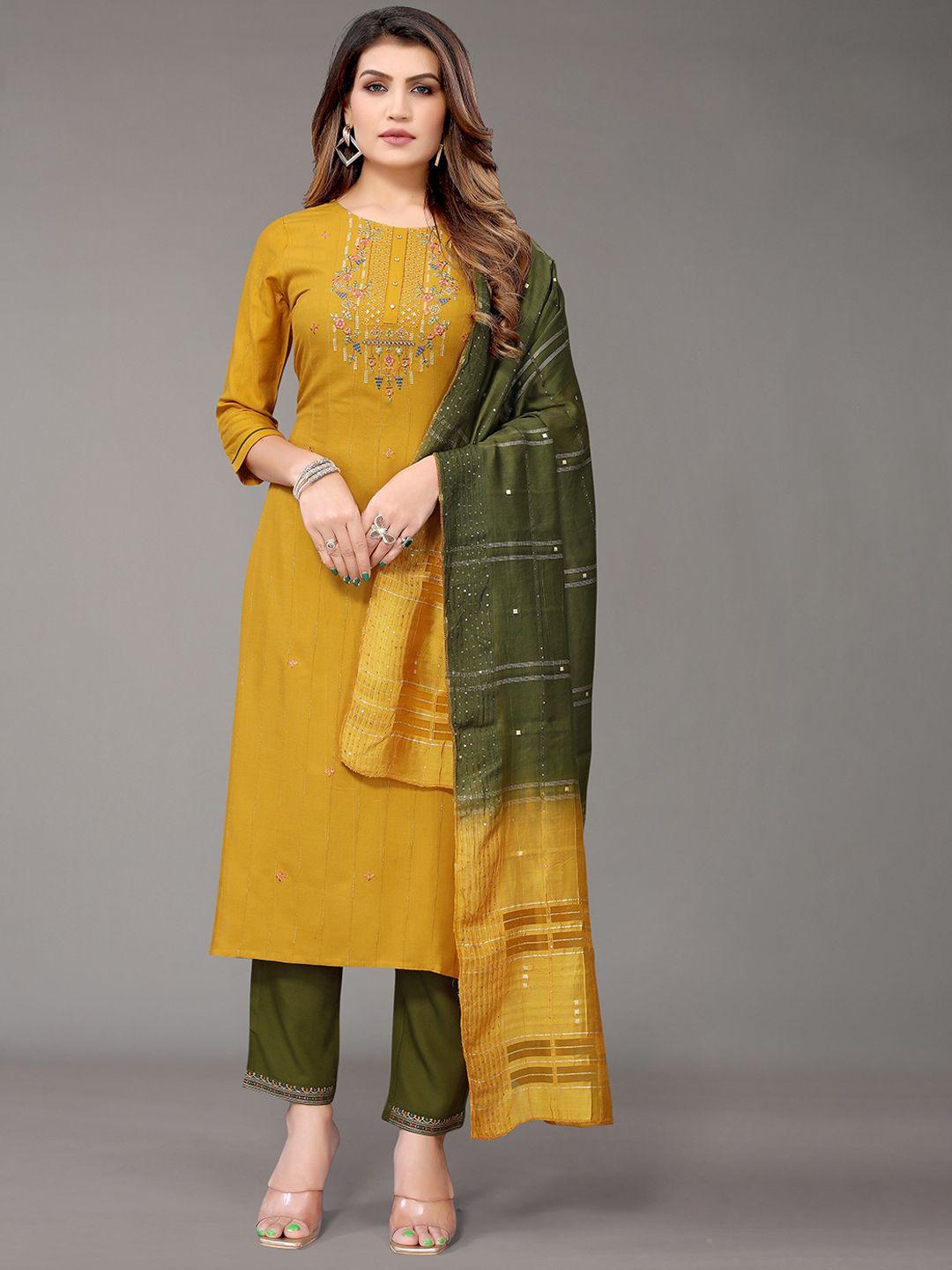 nimayaa women mustard yellow printed mirror work kurta with trousers & with dupatta