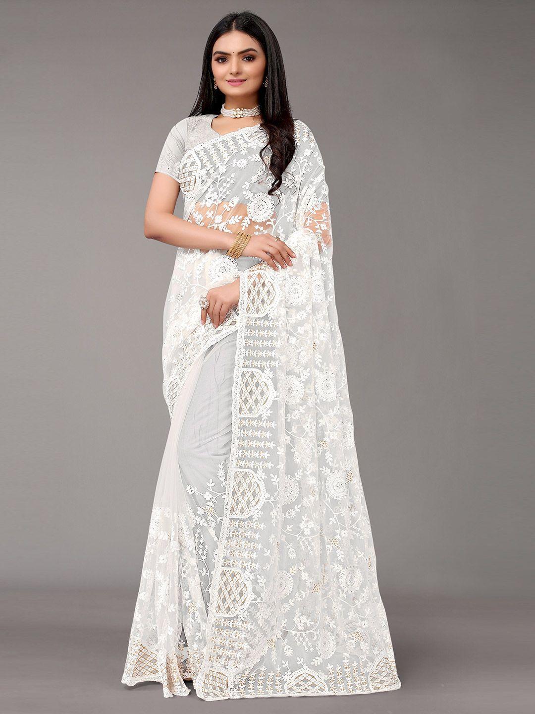 nimayaa women off white floral embroidered net saree