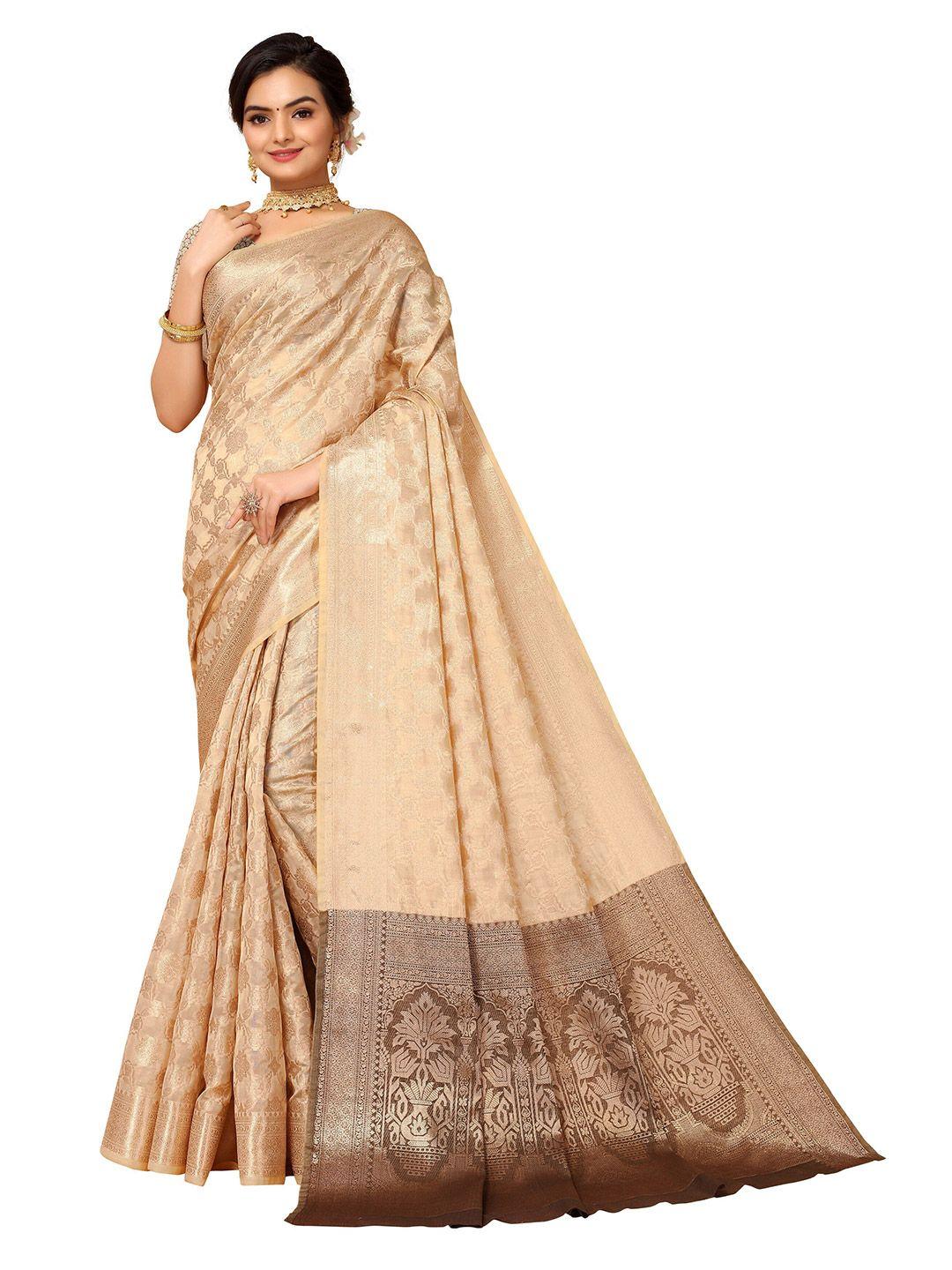 nimayaa beige & brown woven design jaali organza fusion kanjeevaram saree