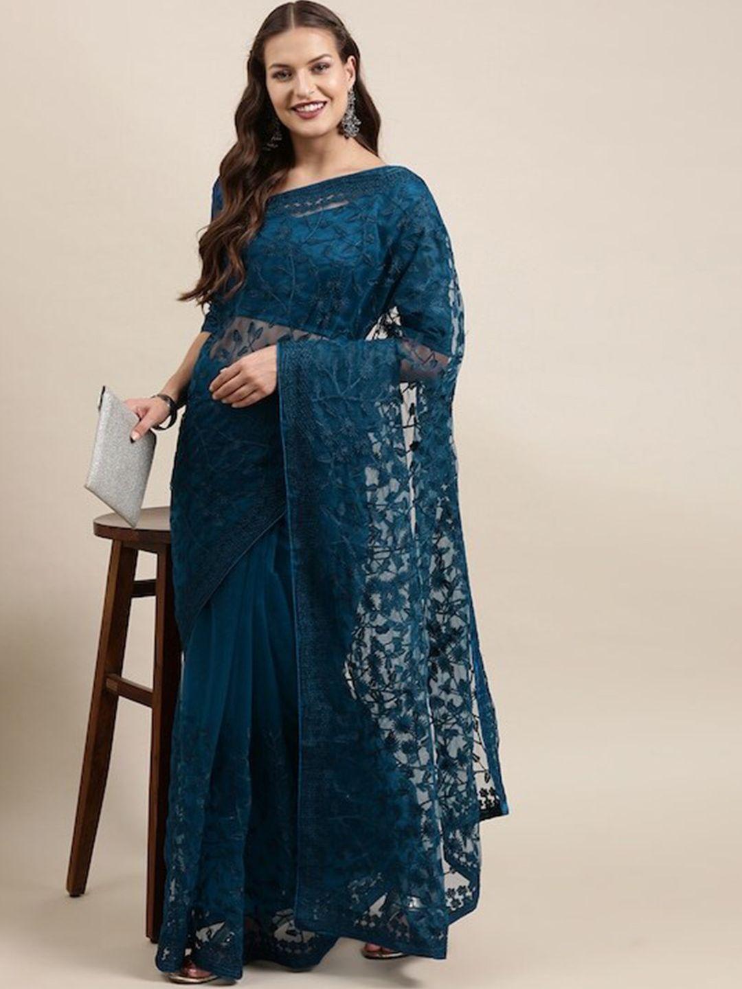 nimayaa blue floral embroidered net saree