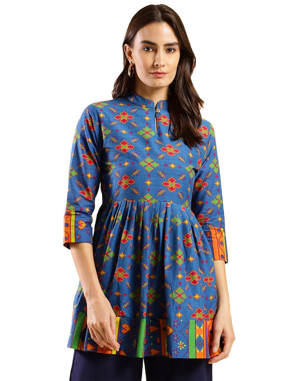 nimayaa blue geometric print mandarin collar cotton longline top