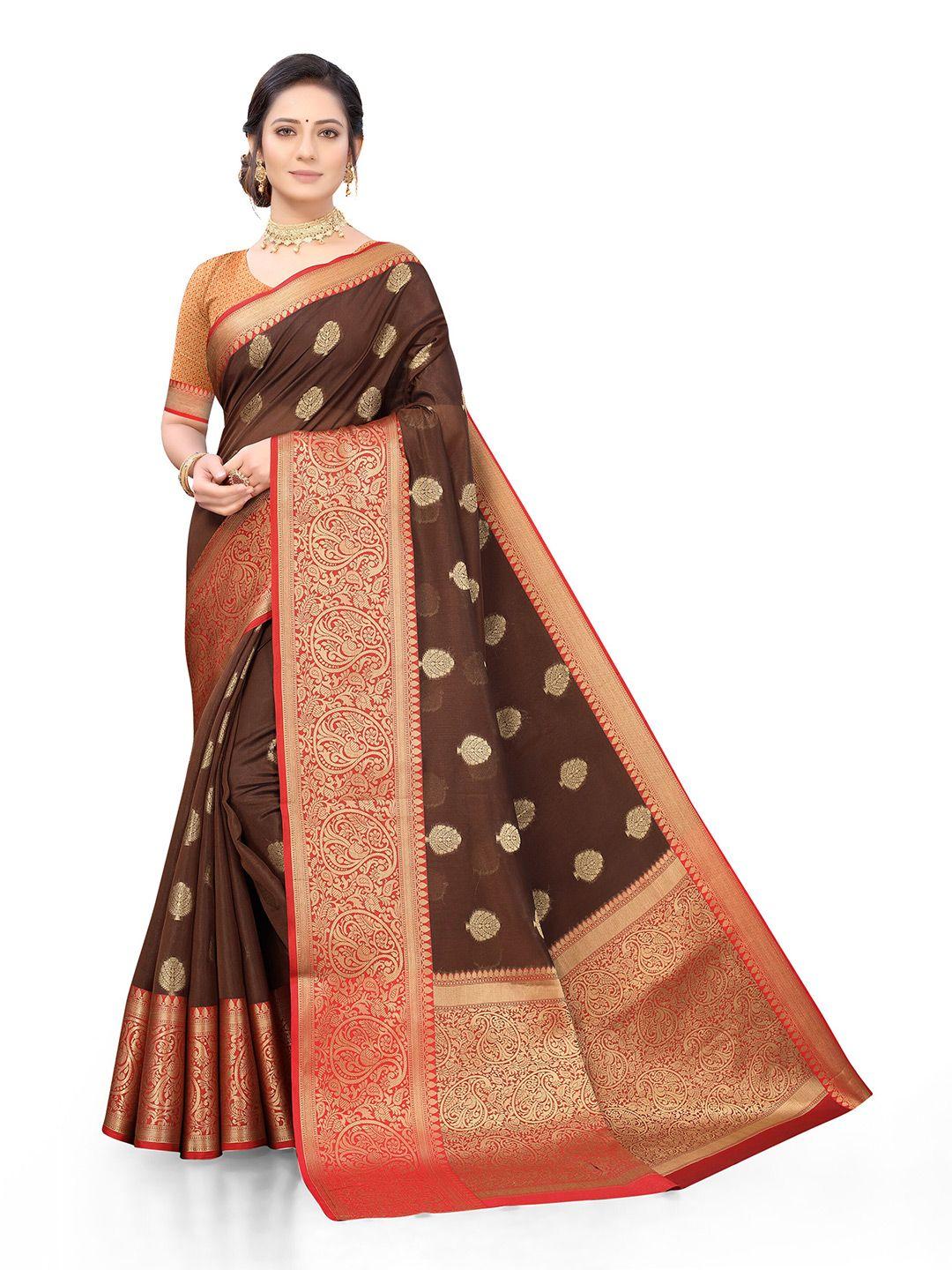 nimayaa brown & red woven design zari silk blend banarasi saree