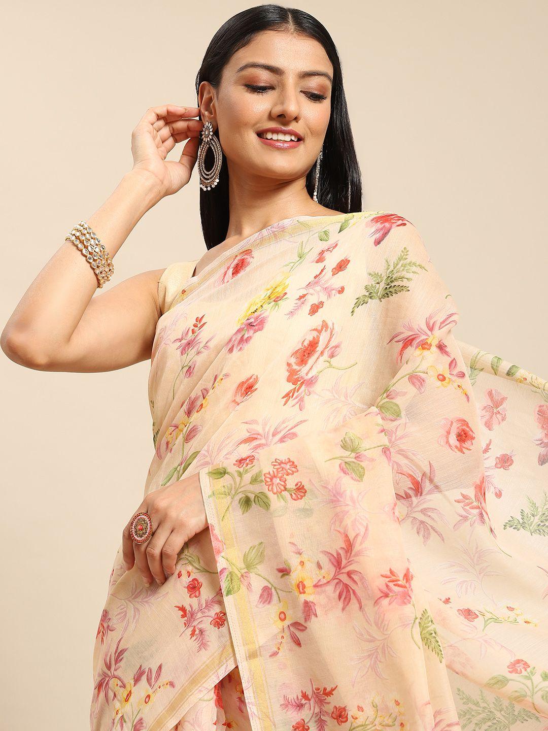 nimayaa cream-coloured & pink floral pure cotton saree