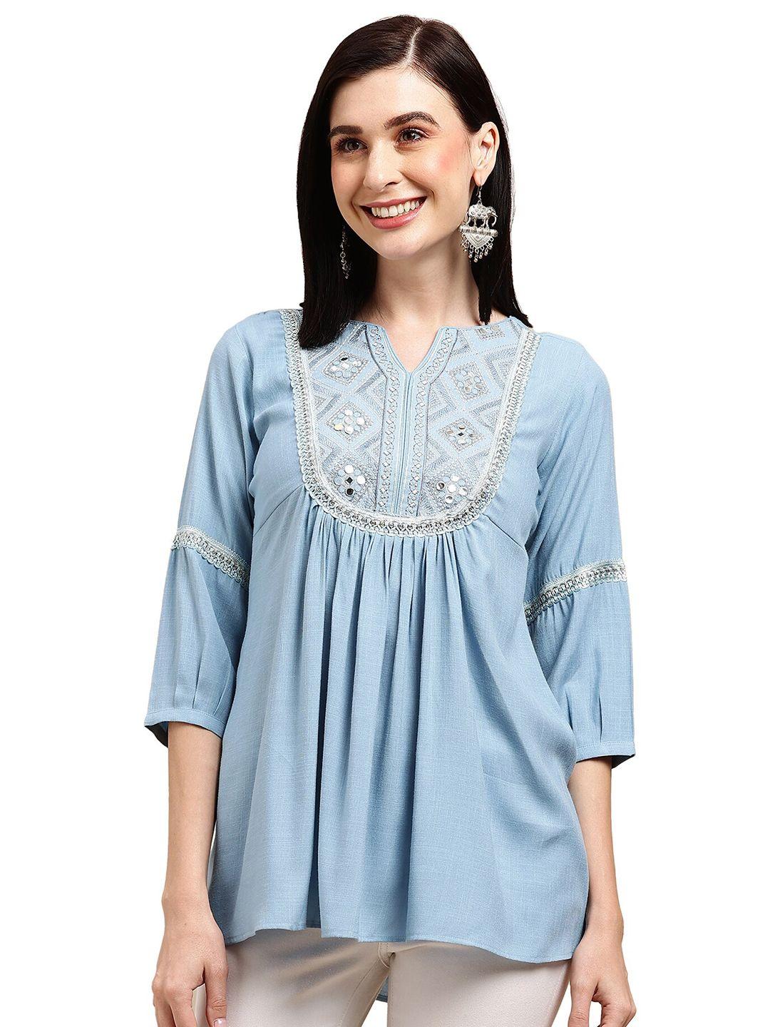 nimayaa embroidered notch neck long a-line top
