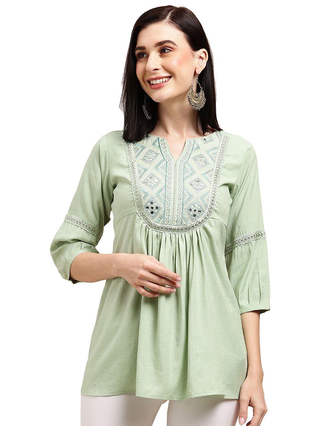 nimayaa embroidered notch neck long a-line top