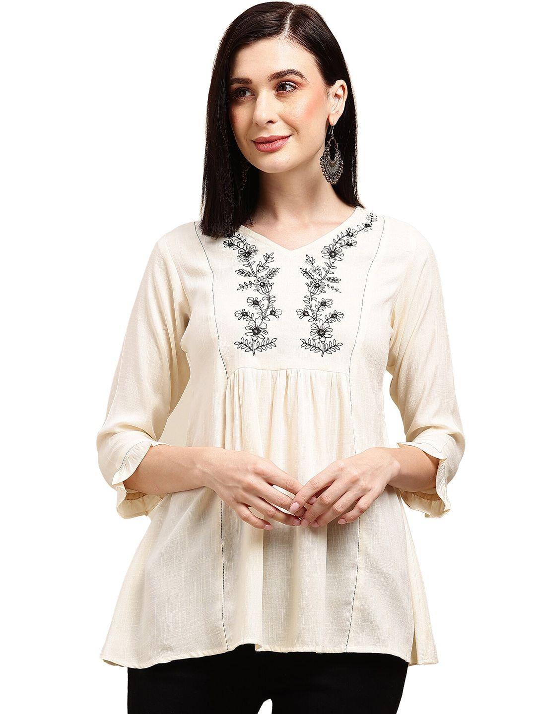 nimayaa embroidered v-neck long a-line top