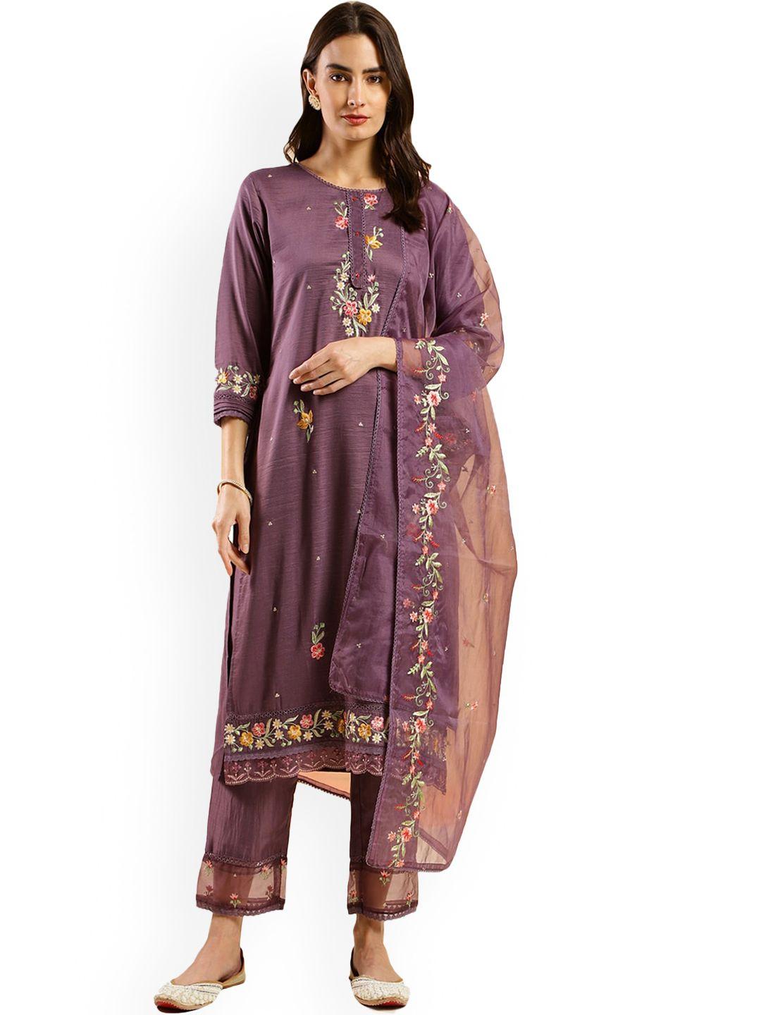 nimayaa floral embroidered regular thread work kurta with trousers & dupatta