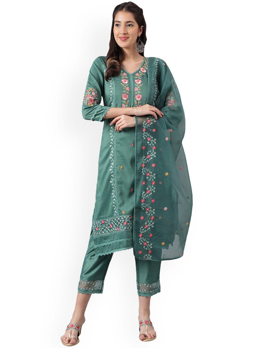 nimayaa floral embroidered regular thread work kurta with trousers & dupatta