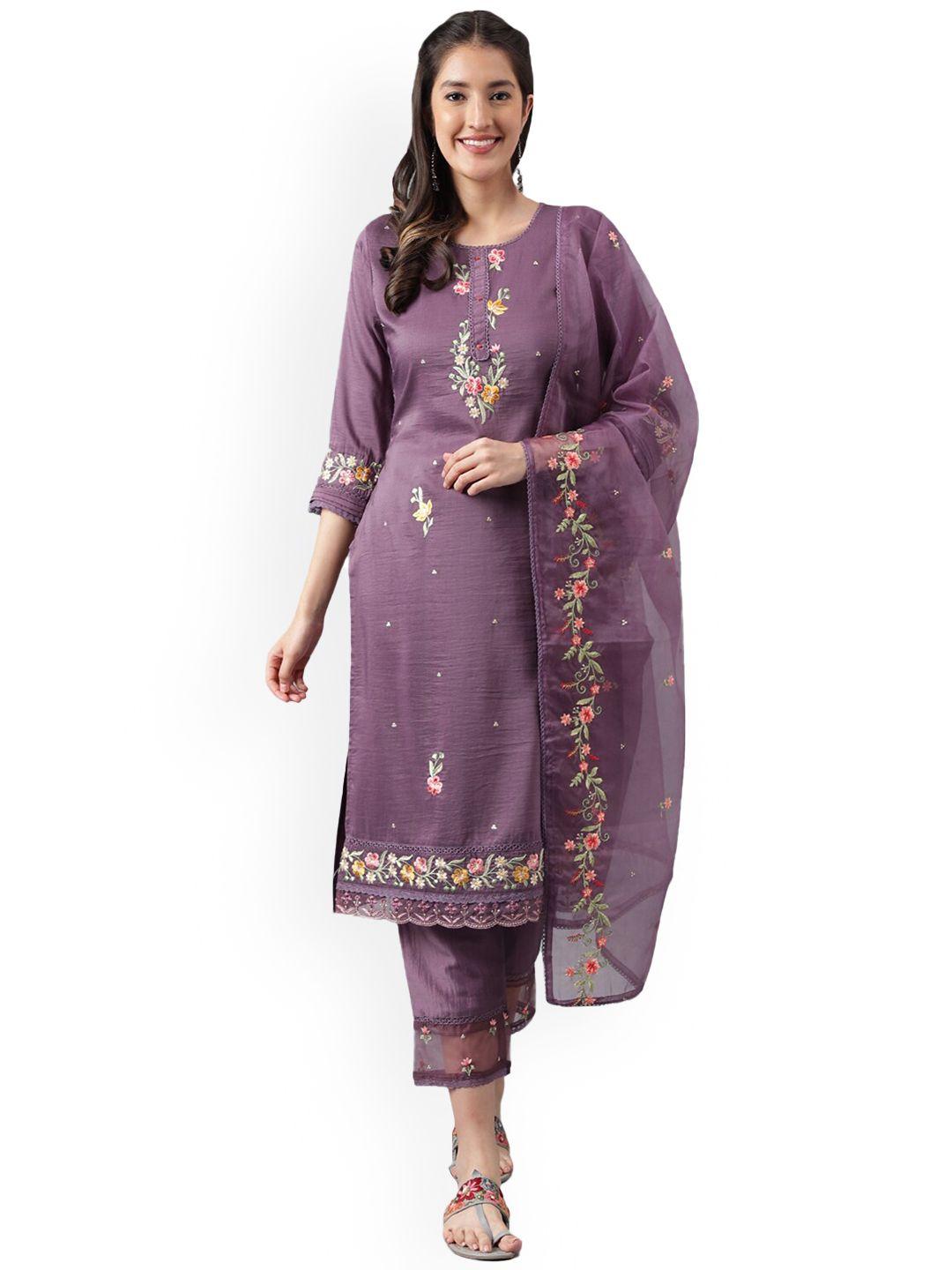 nimayaa floral embroidered regular thread work kurta with trousers & dupatta