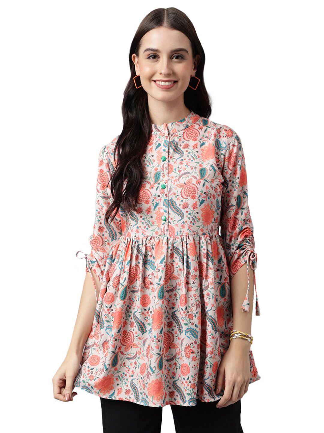 nimayaa floral printed mandarin collar a line longline top