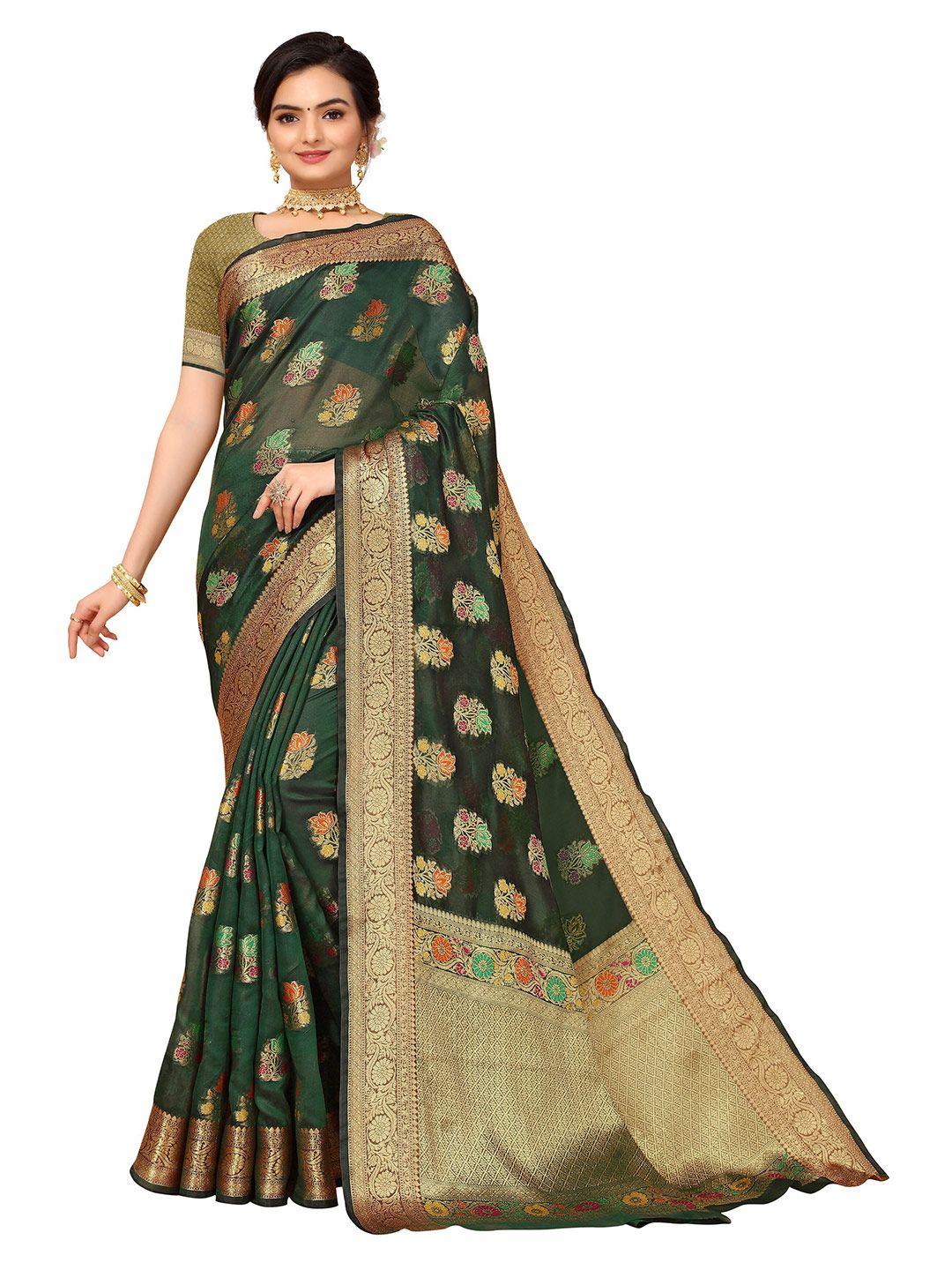nimayaa green & gold-toned woven design organza saree