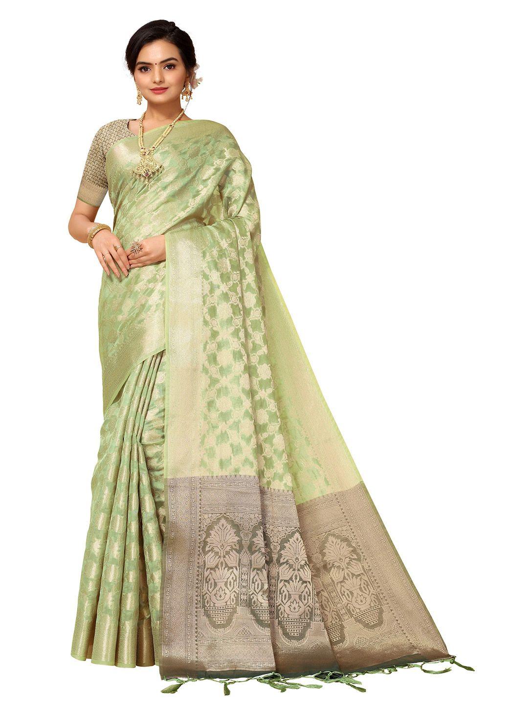 nimayaa green & grey woven design jaali organza fusion kanjeevaram saree