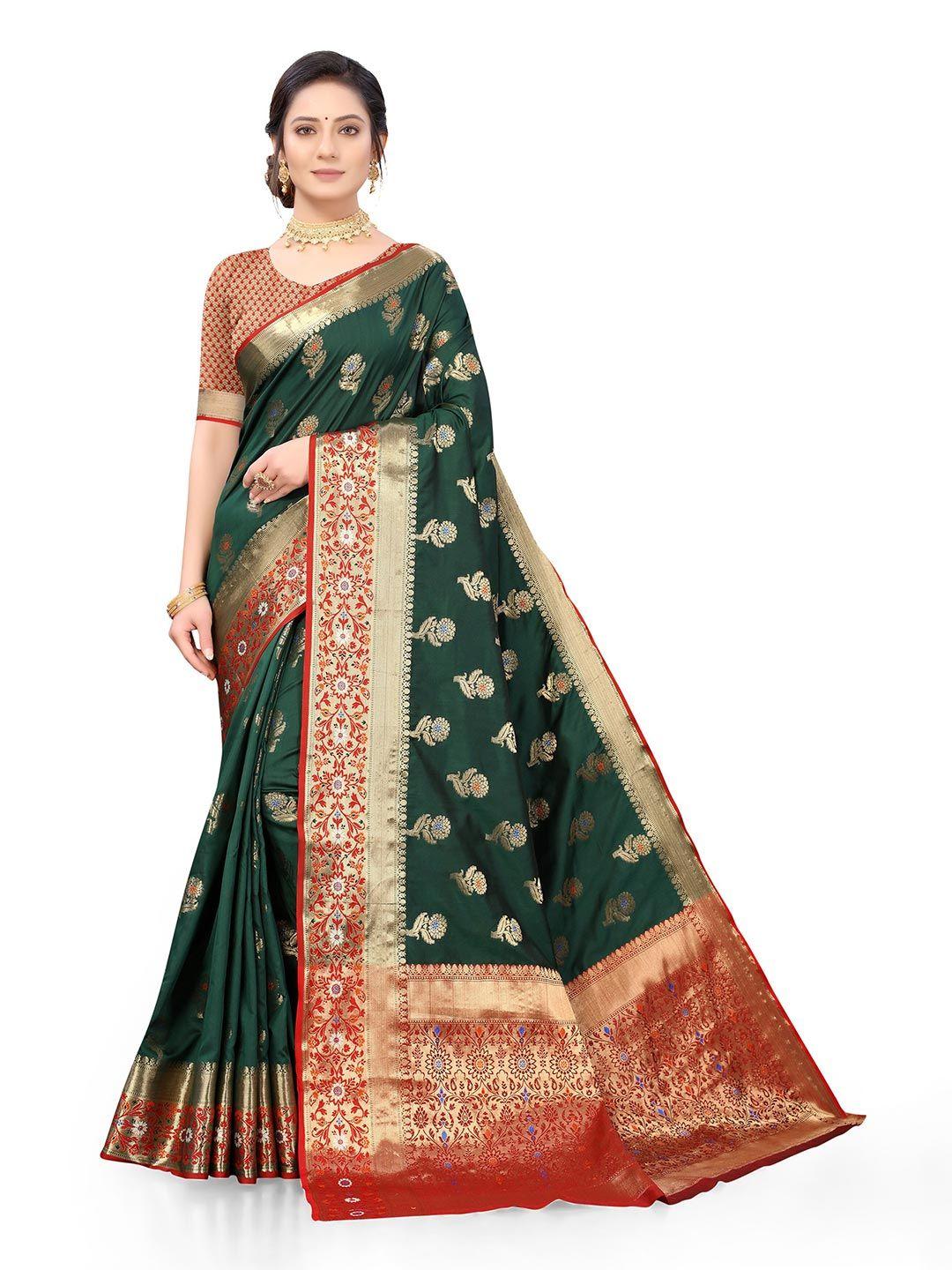 nimayaa green & red woven design zari organza banarasi saree