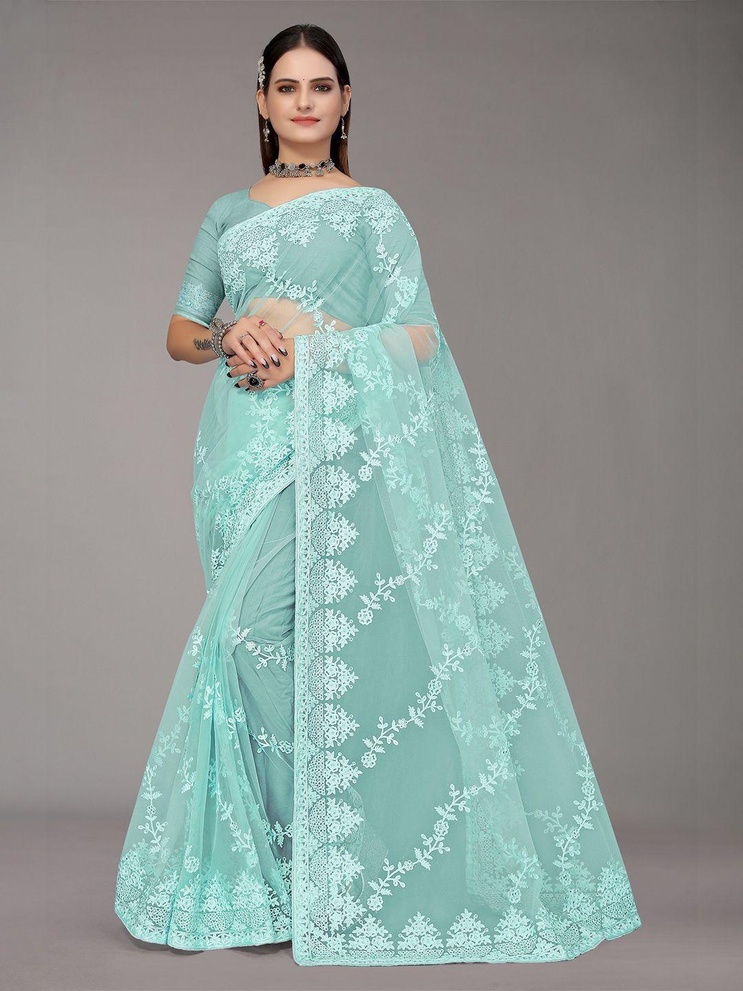 nimayaa green floral beads and stones net mangalagiri saree