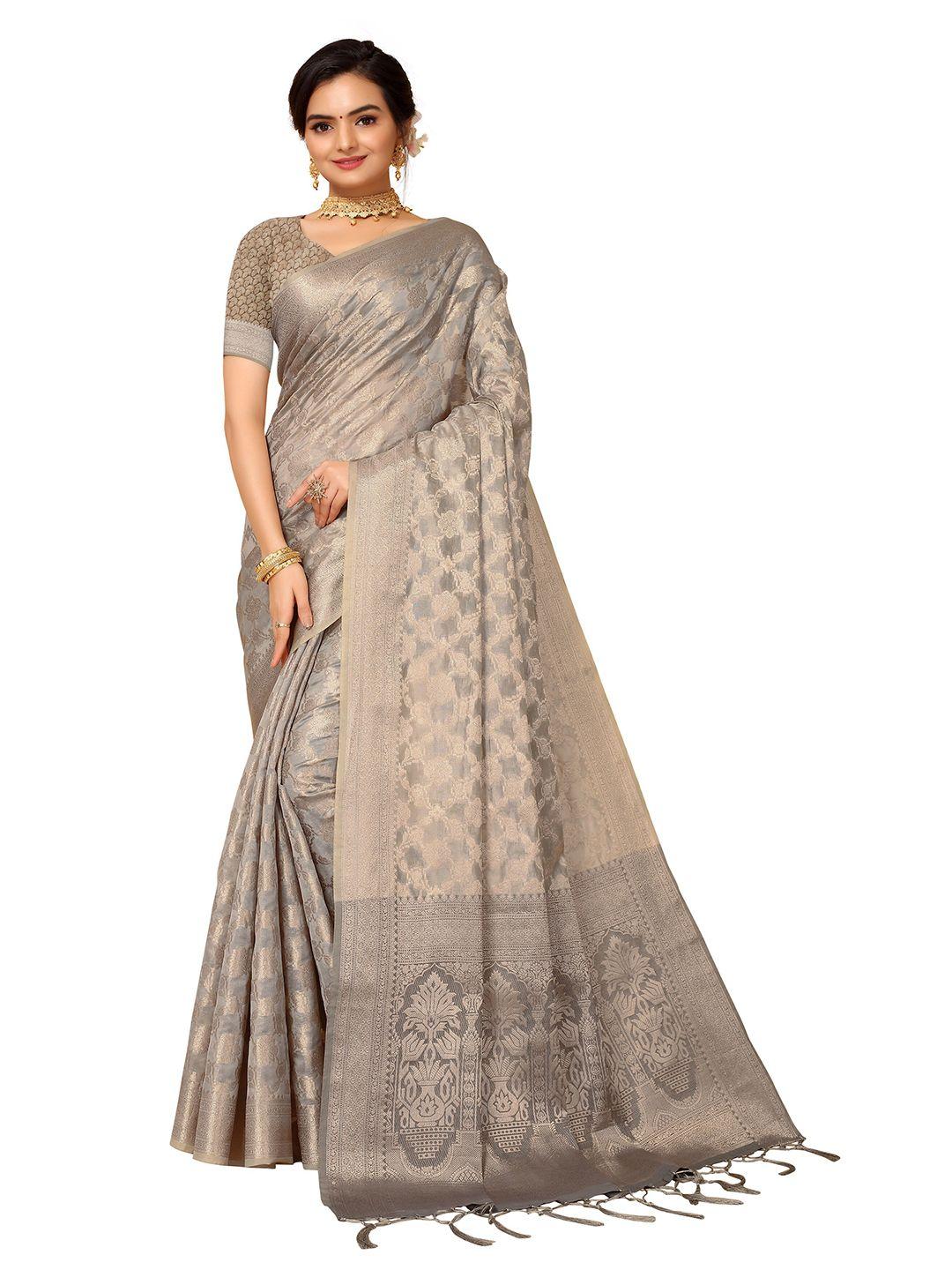 nimayaa grey & gold-toned woven design jaali organza fusion kanjeevaram saree