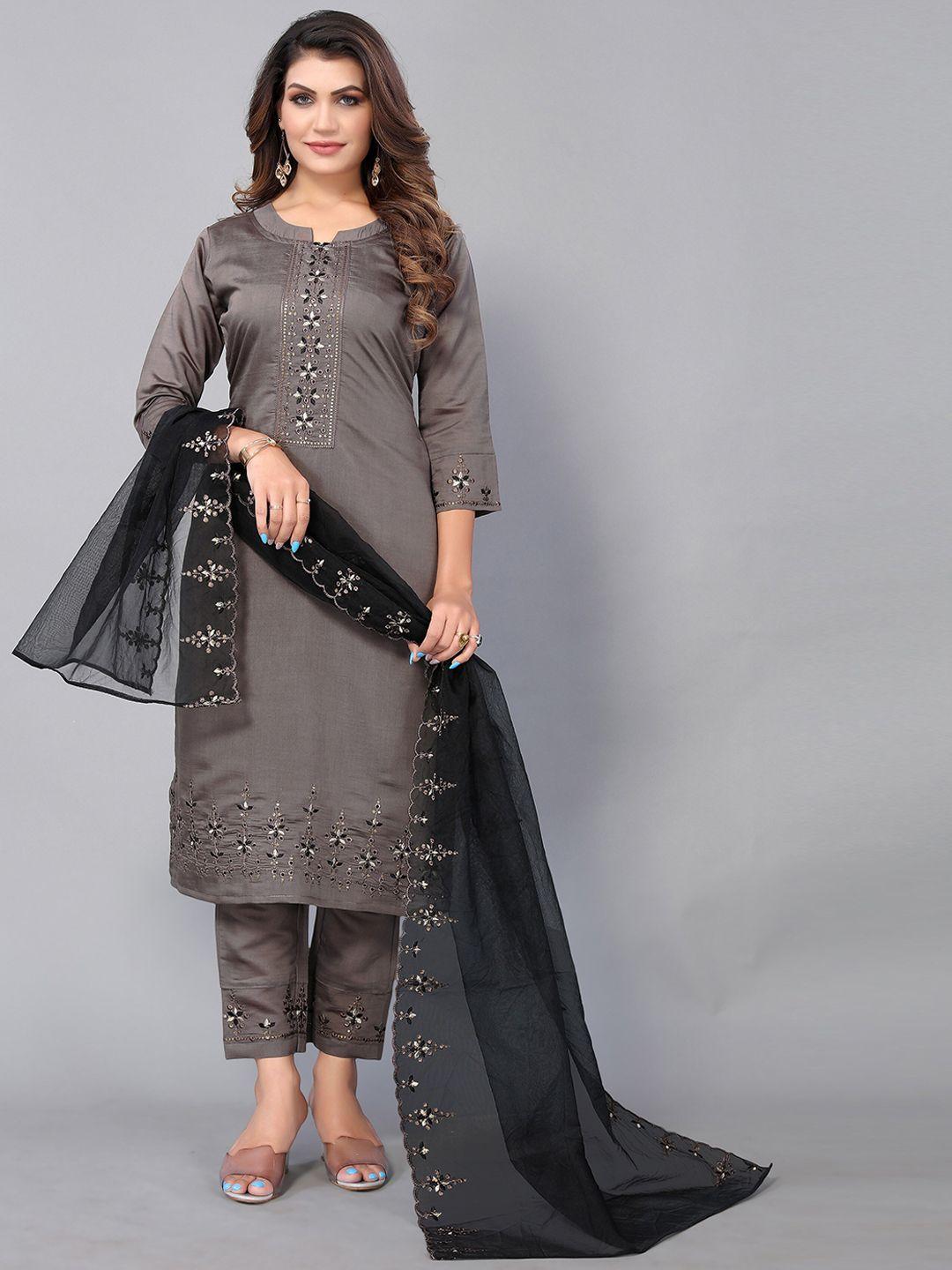 nimayaa grey ethnic motifs embroidered pure cotton kurta with trousers & with dupatta