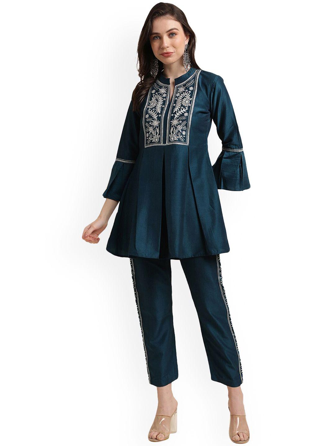 nimayaa mandarin collar floral embroidered pleated thread work kurta with trousers