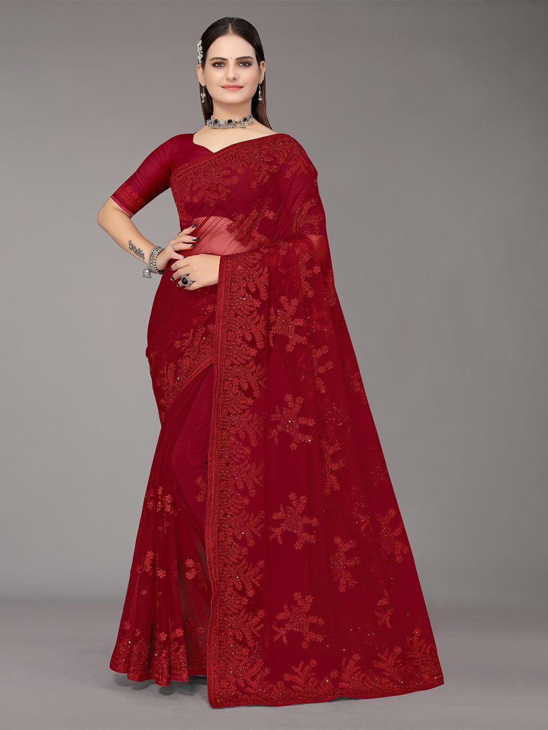 nimayaa maroon floral embroidered net saree