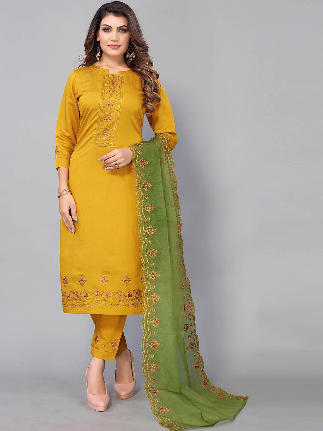 nimayaa mustard yellow ethnic motifs embroidered pure cotton kurta with trousers & with