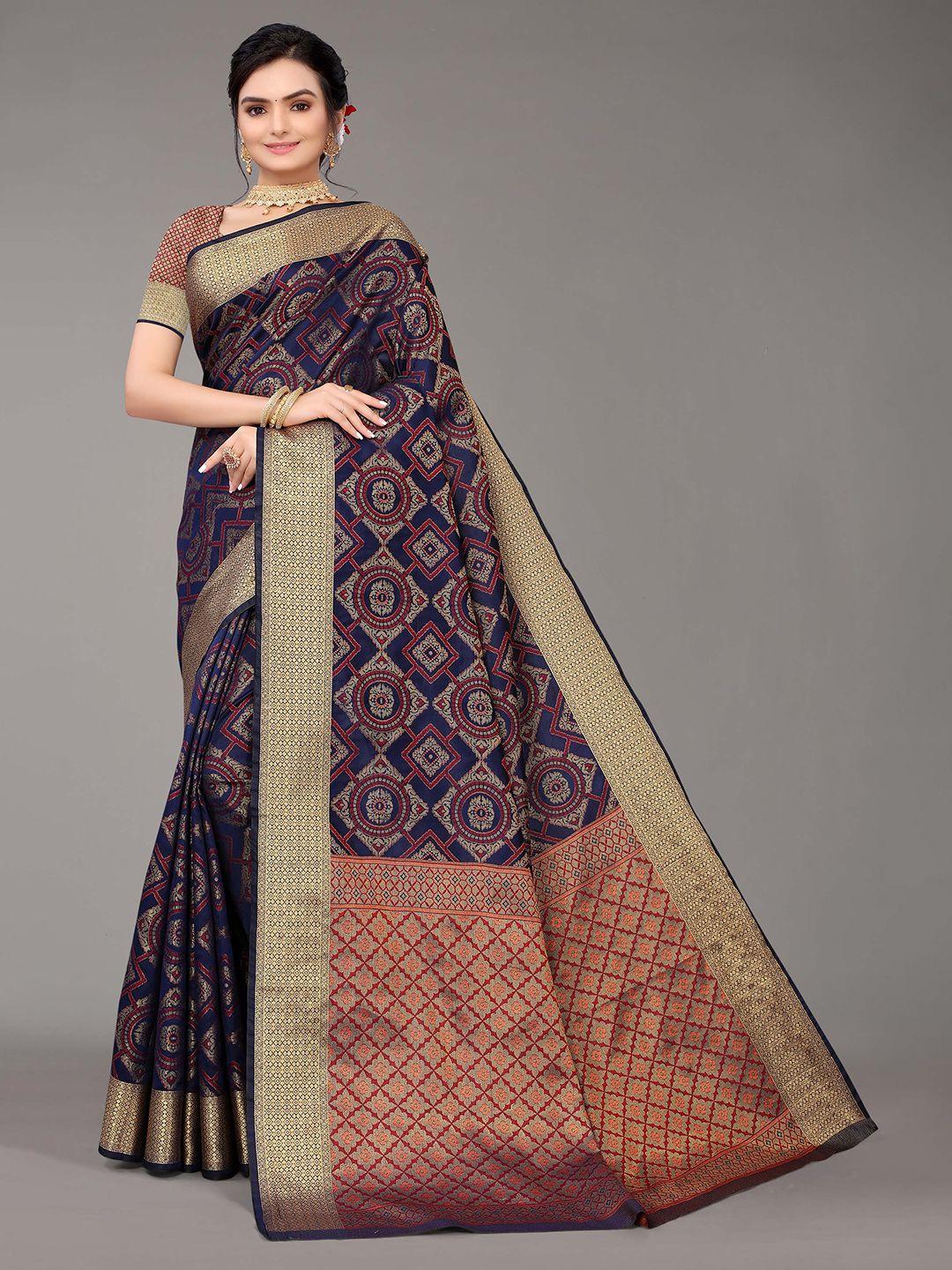 nimayaa navy blue & gold-toned floral chikankari silk blend kanjeevaram saree