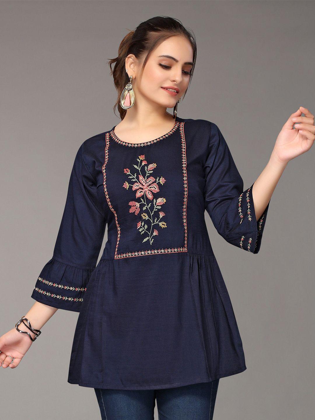 nimayaa navy blue floral print indigo top