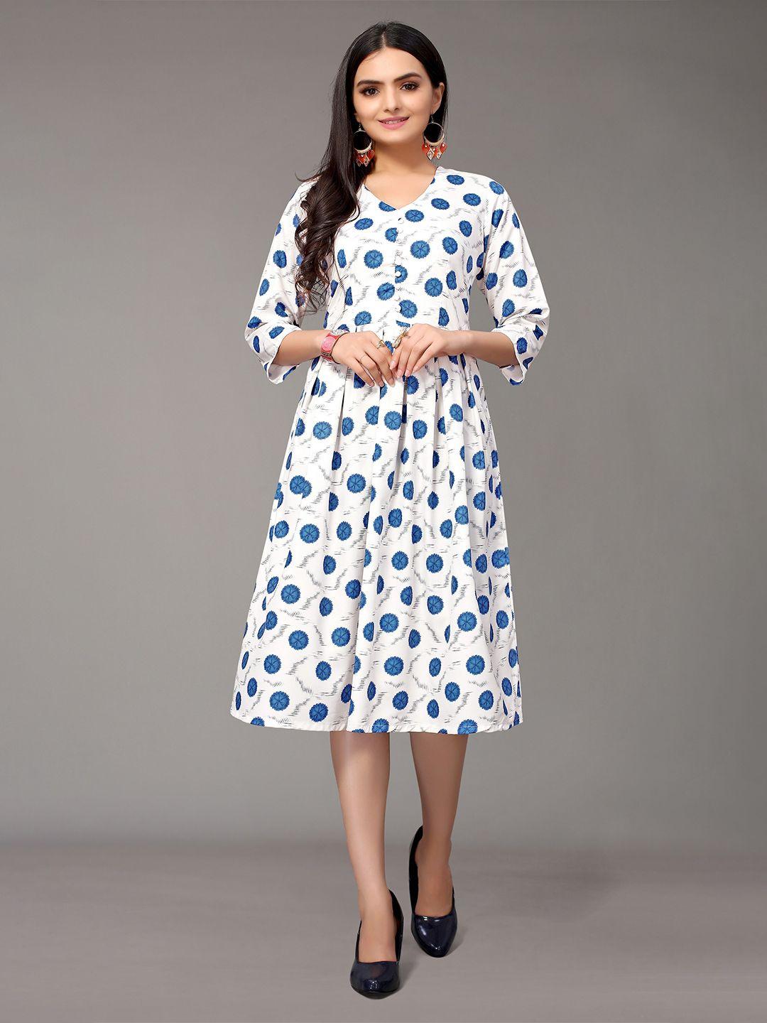 nimayaa off white & blue polka dot printed crepe dress