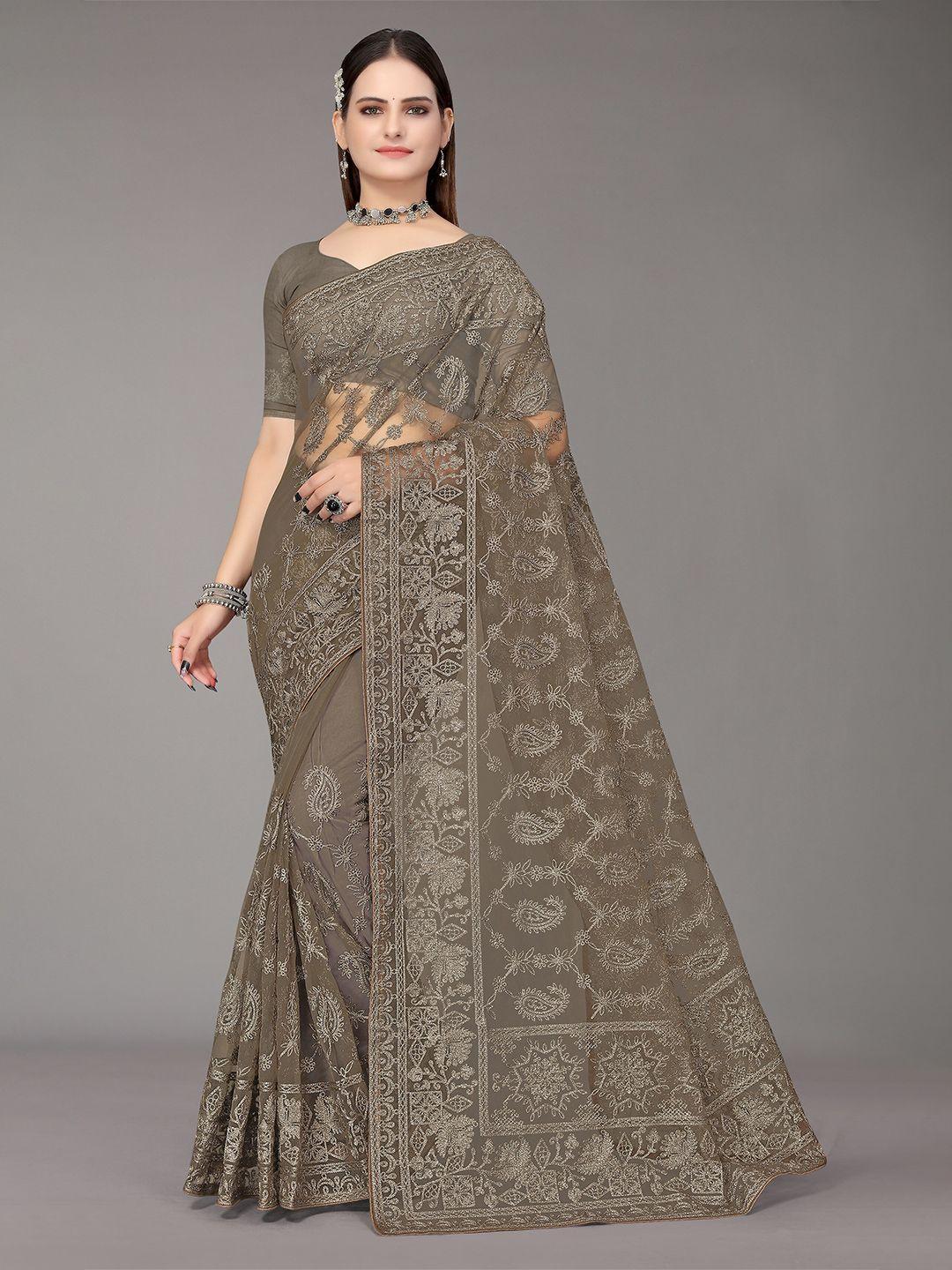 nimayaa olive green floral embroidered net saree