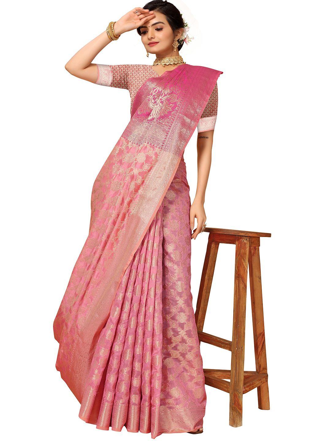 nimayaa pink & gold-toned woven design jaali organza kanjeevaram saree