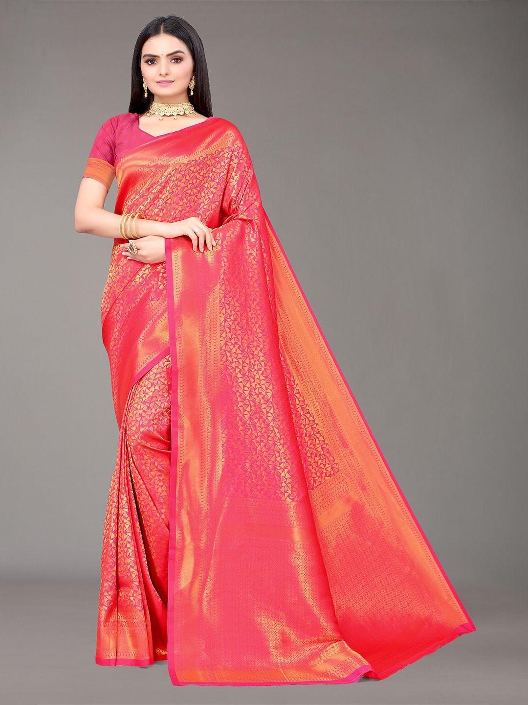 nimayaa pink & gold-toned woven design zari silk blend kanjeevaram saree