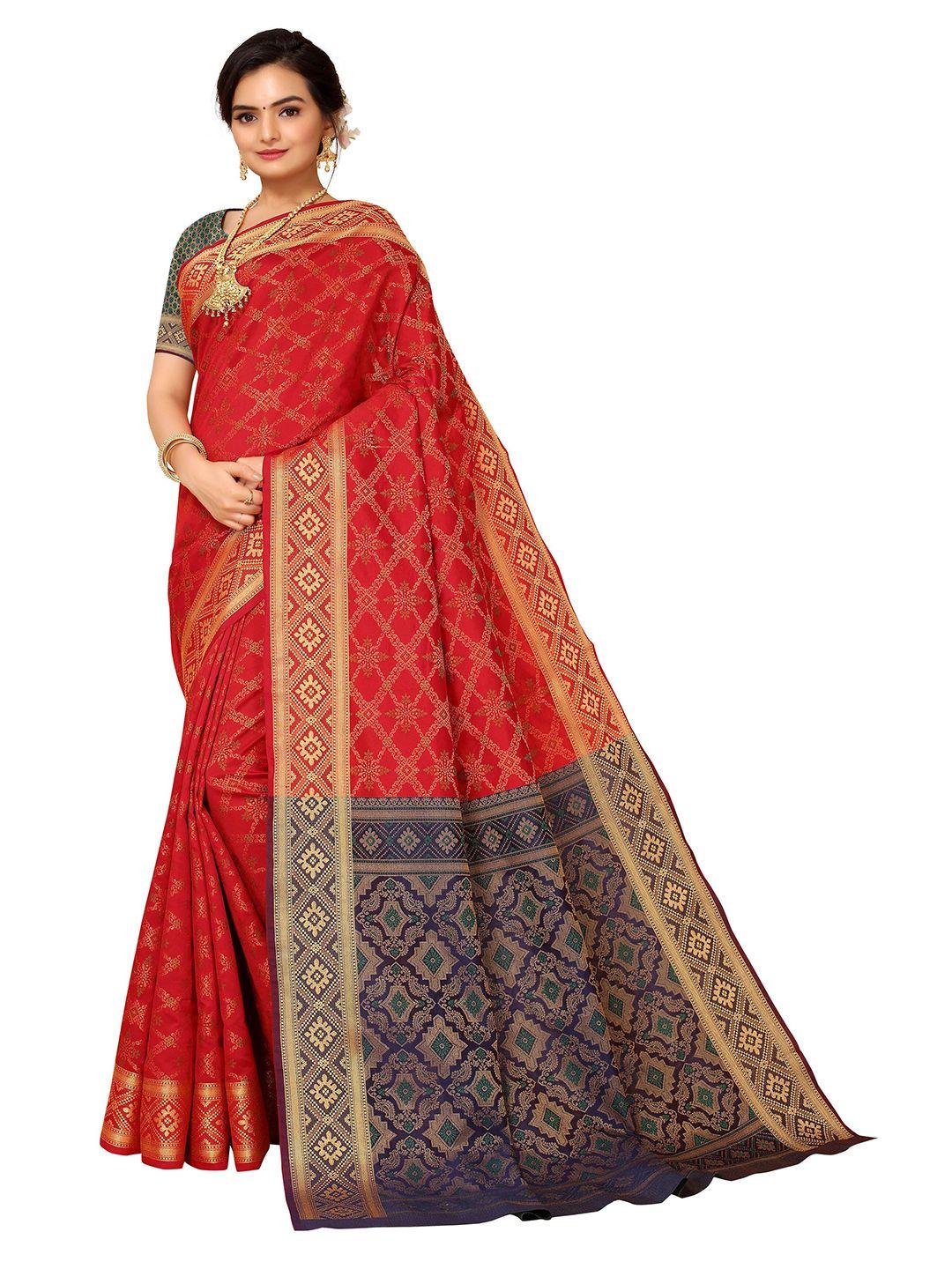 nimayaa red & blue woven design zari silk blend kanjeevaram saree