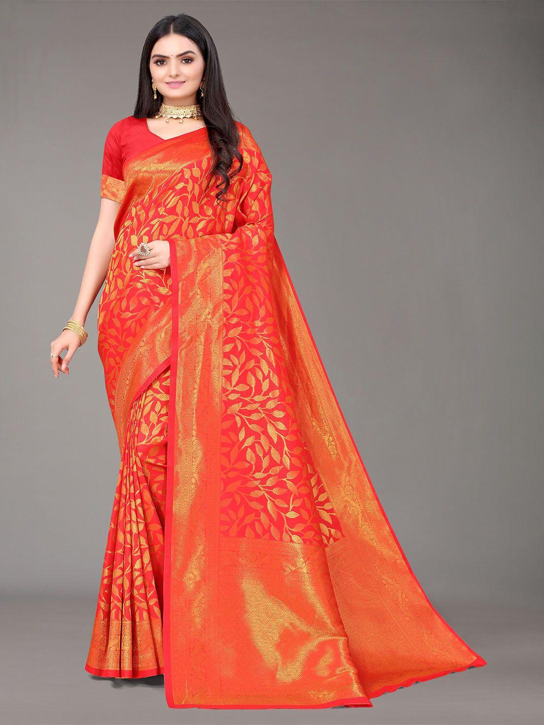 nimayaa red & gold-toned floral zari silk blend kanjeevaram saree