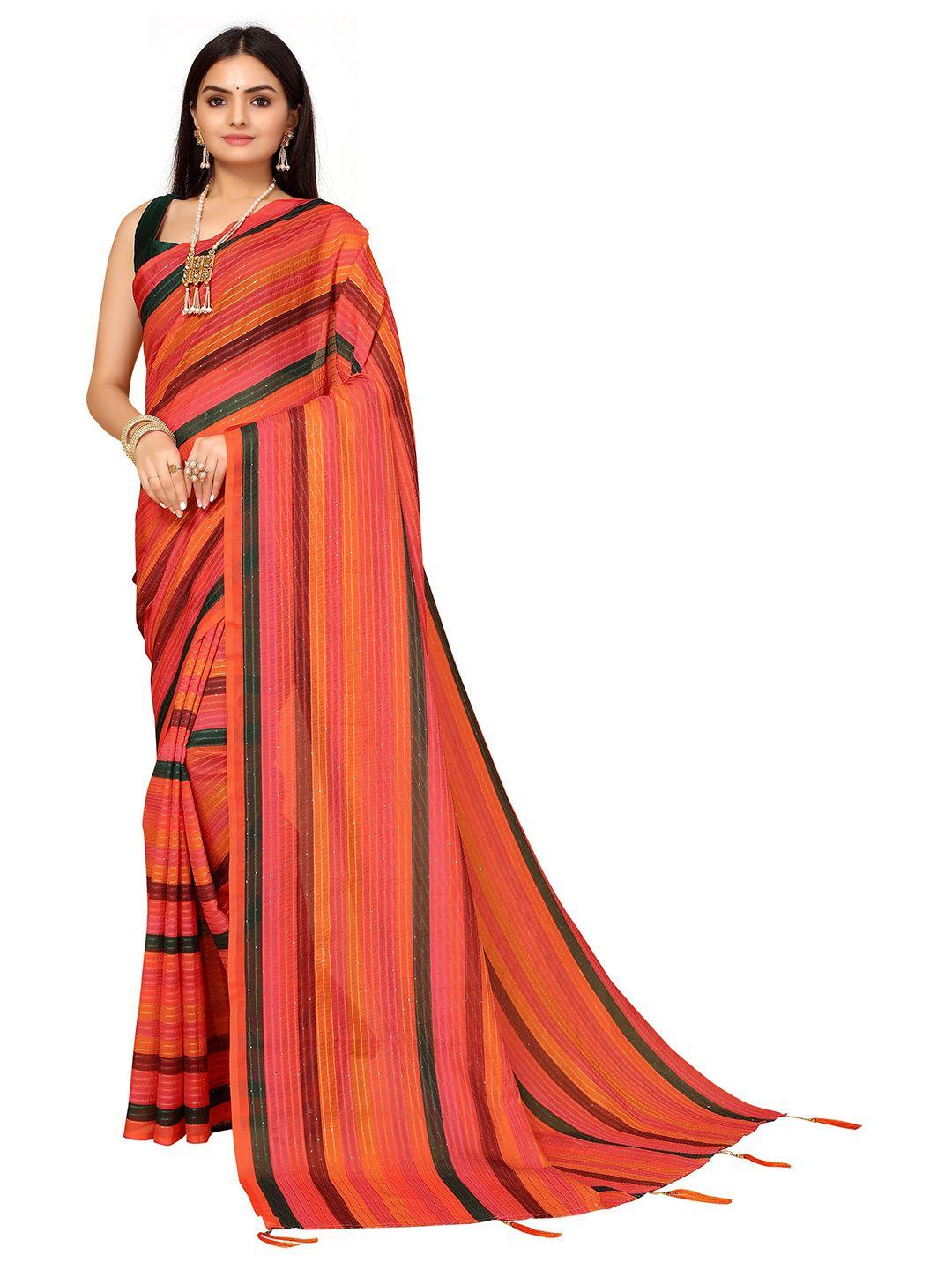 nimayaa red & green striped sequinned fusion leheriya saree