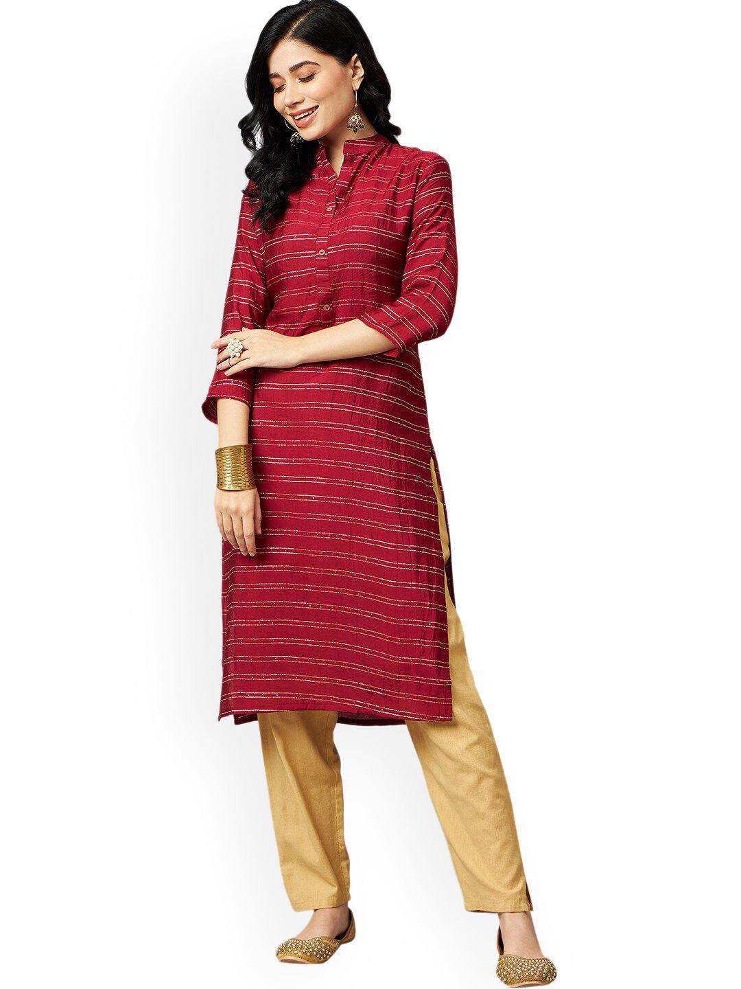 nimayaa striped mandarin collar sequins detail straight kurta