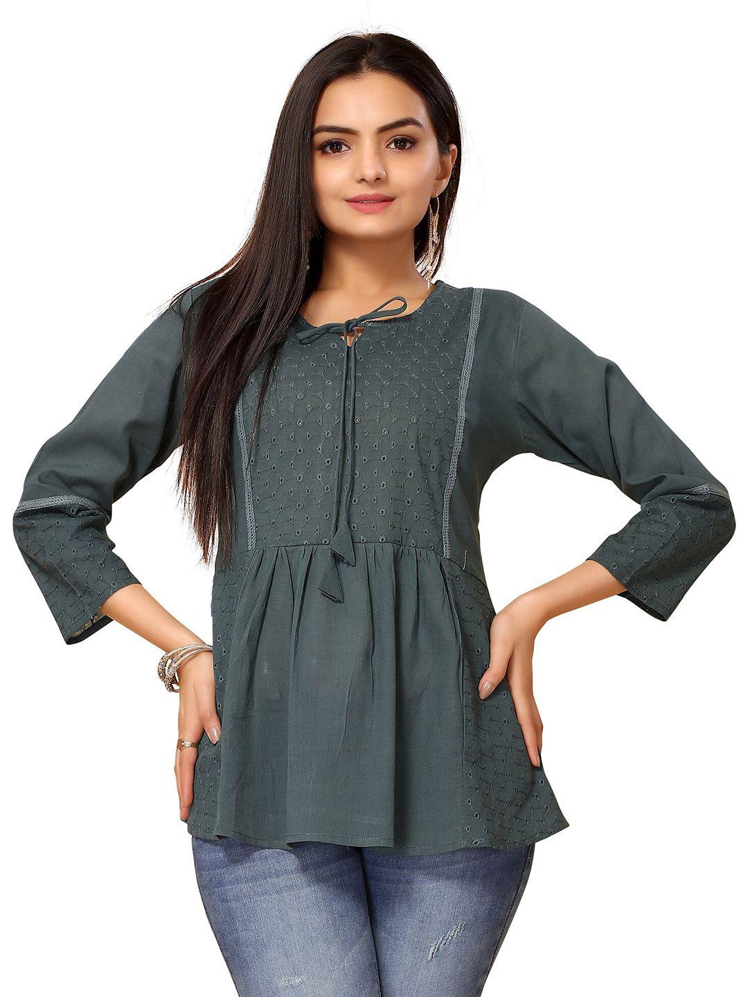 nimayaa teal cinched waist top