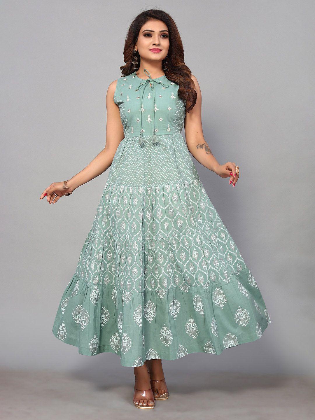 nimayaa tie up neck ethnic motifs printed embroidered tiered pure cotton fit & flare dress