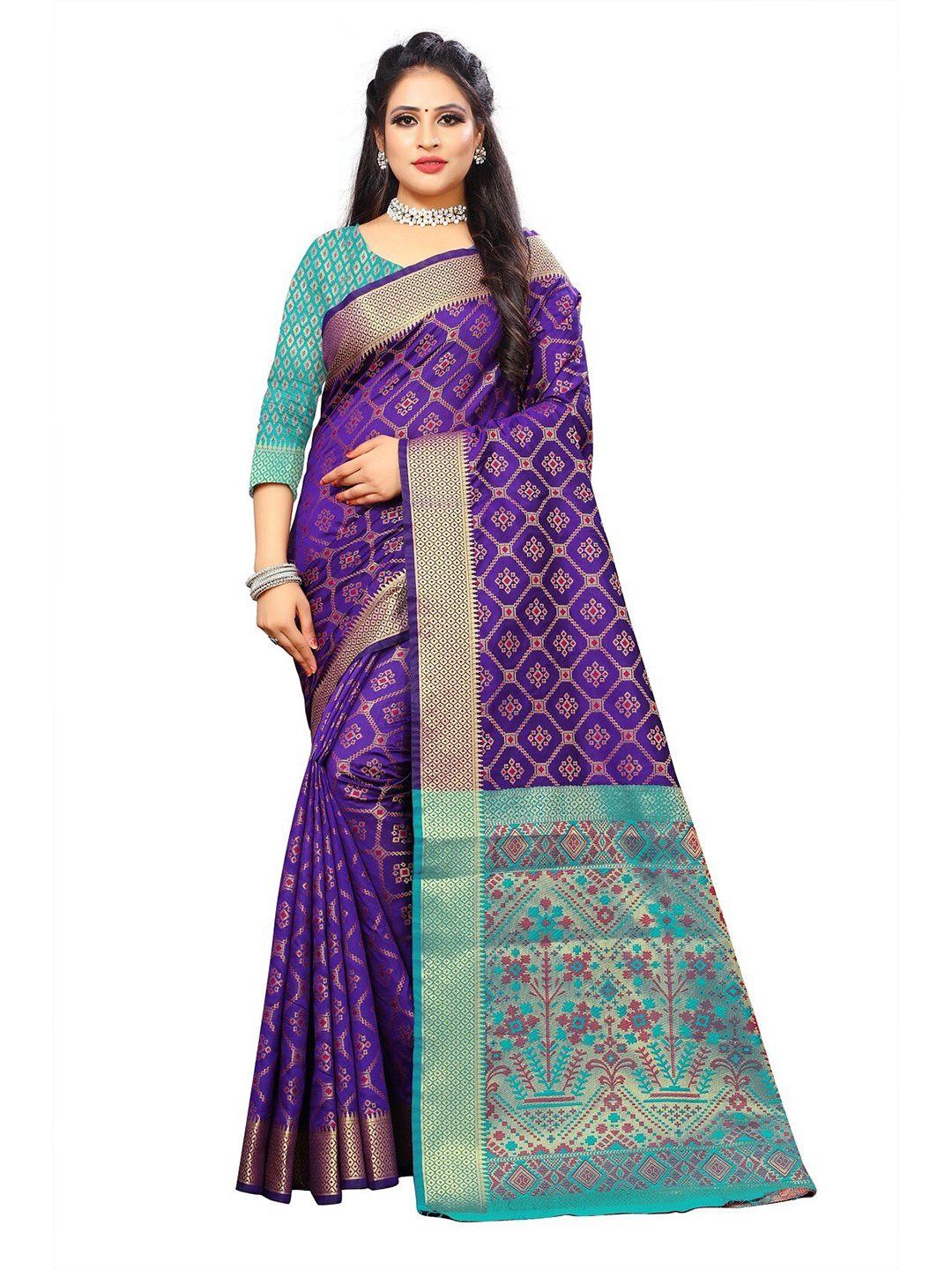 nimayaa violet & teal ethnic motifs zari silk blend saree