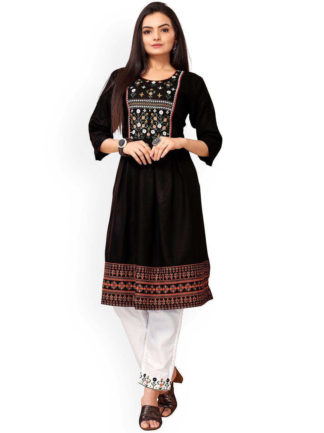 nimayaa women black embroidered panelled thread work kurti with churidar & with dupatta