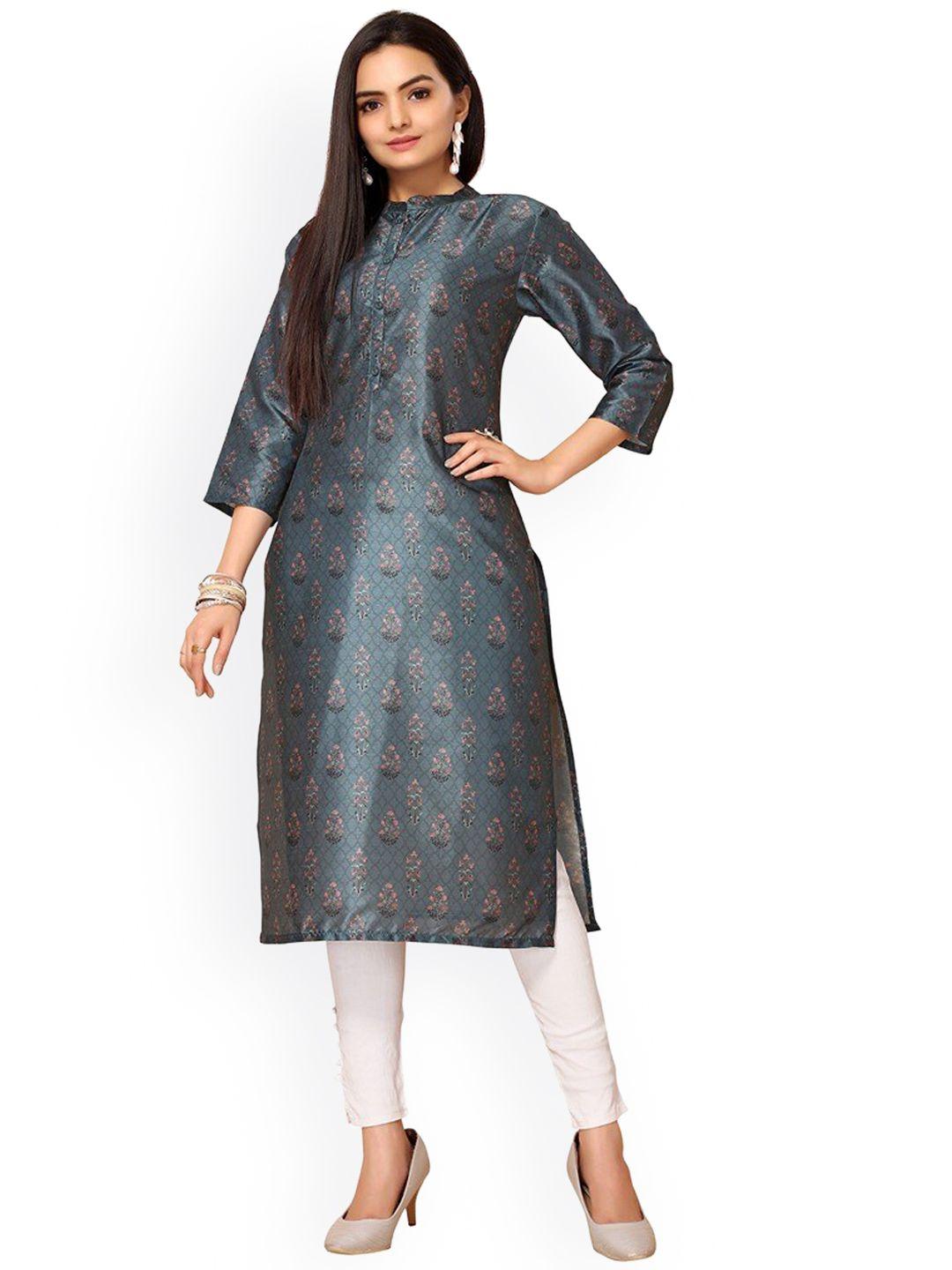 nimayaa women blue ethnic motifs printed flared sleeves thread work floral chanderi silk kurta
