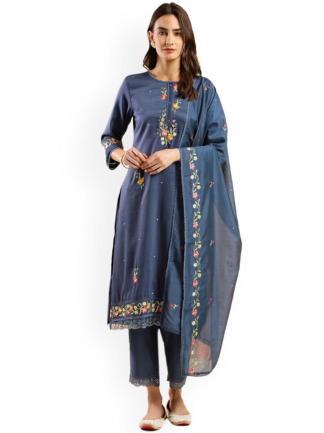 nimayaa women blue floral embroidered regular thread work kurta with trousers & with dupatta