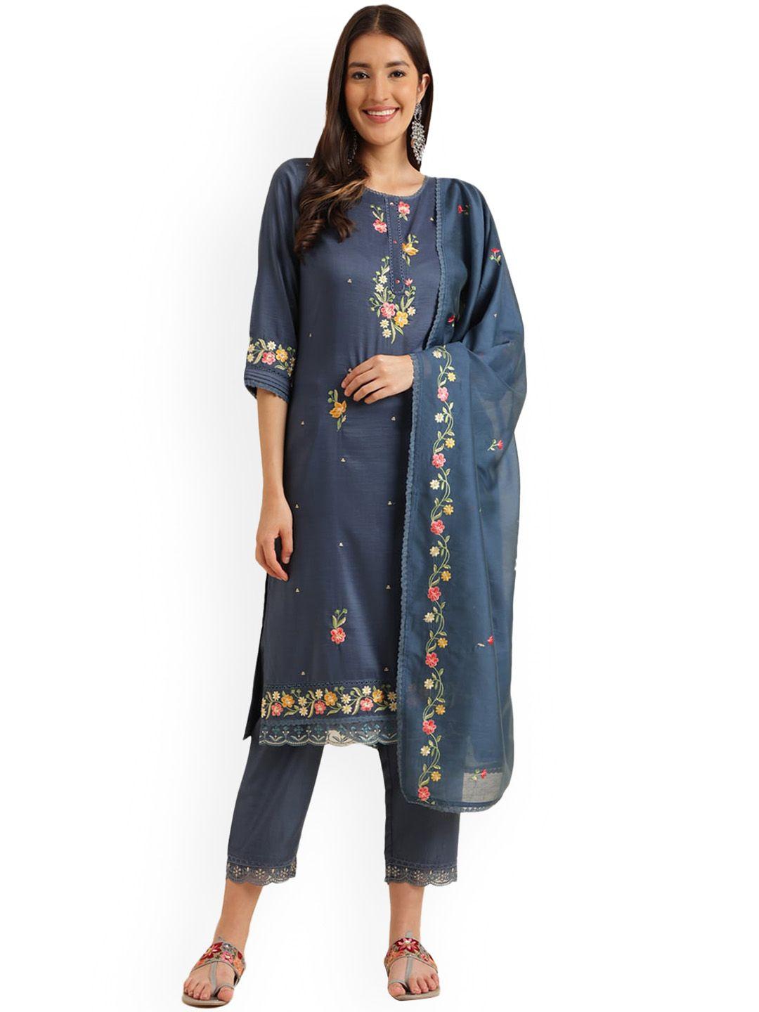 nimayaa women blue floral embroidered regular thread work kurta with trousers & with dupatta