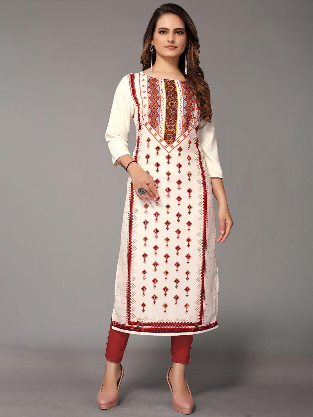 nimayaa women cream-coloured ethnic motifs printed thread work indie prints crepe kurta