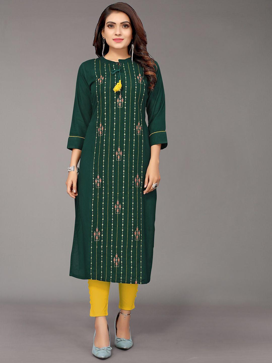 nimayaa women green embroidered thread work kurta