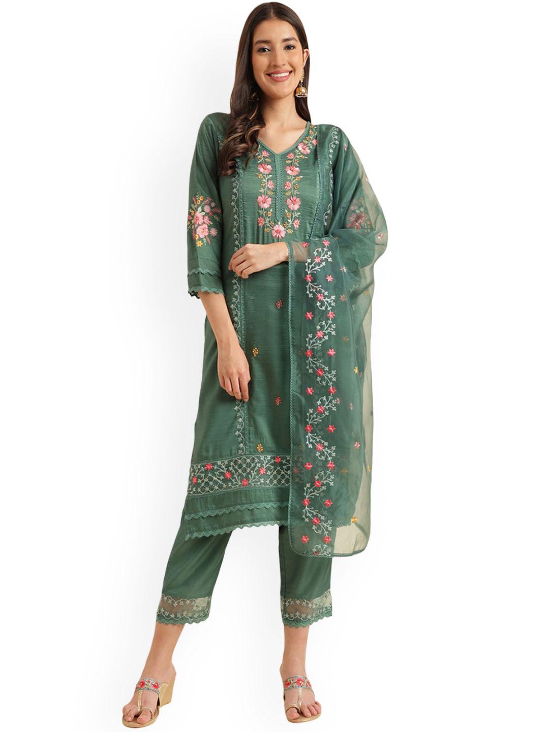 nimayaa women green floral embroidered regular thread work kurta with trousers & with dupatta