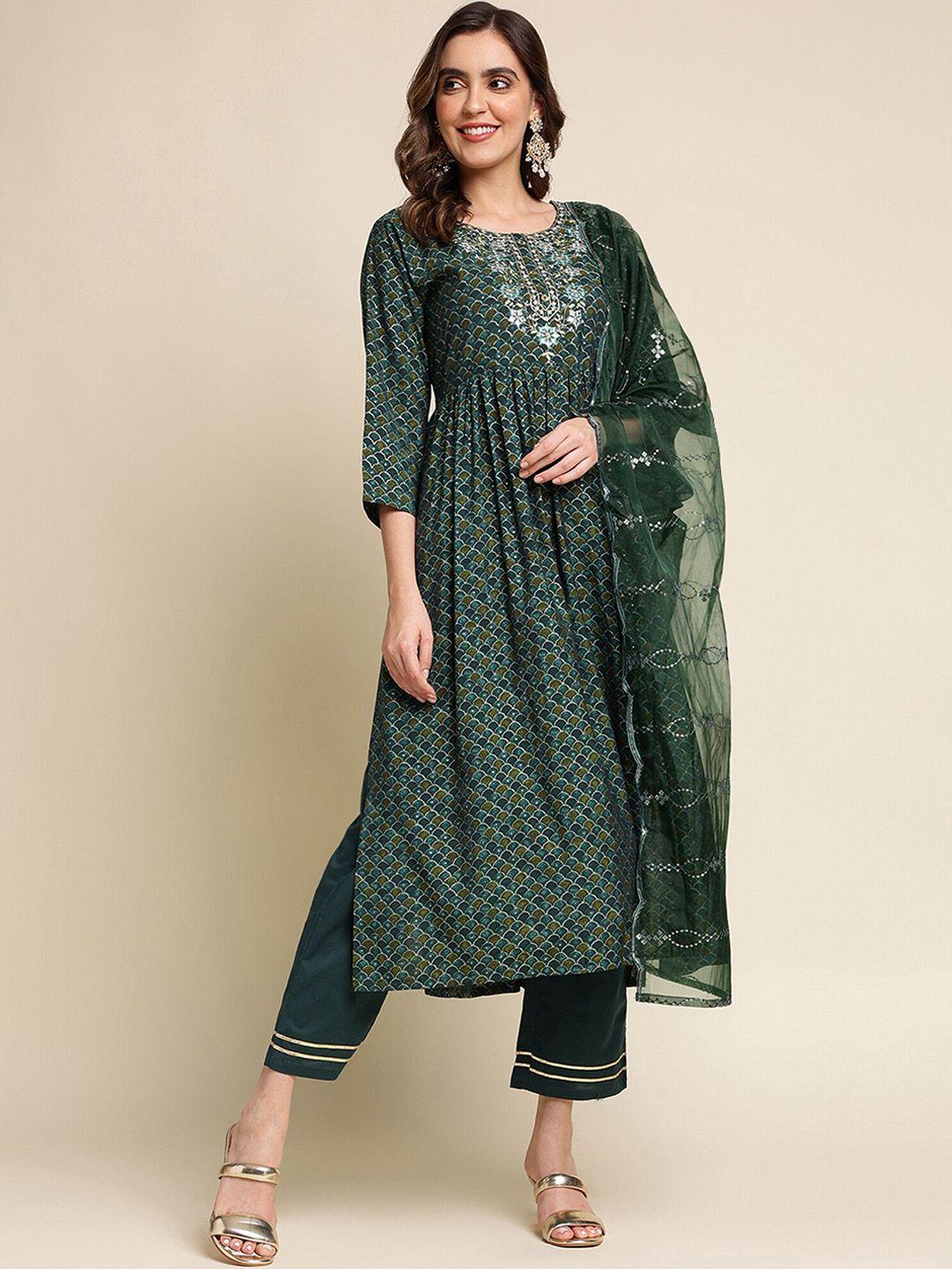 nimayaa women green yoke design pleated gotta patti kurta with palazzos & with dupatta