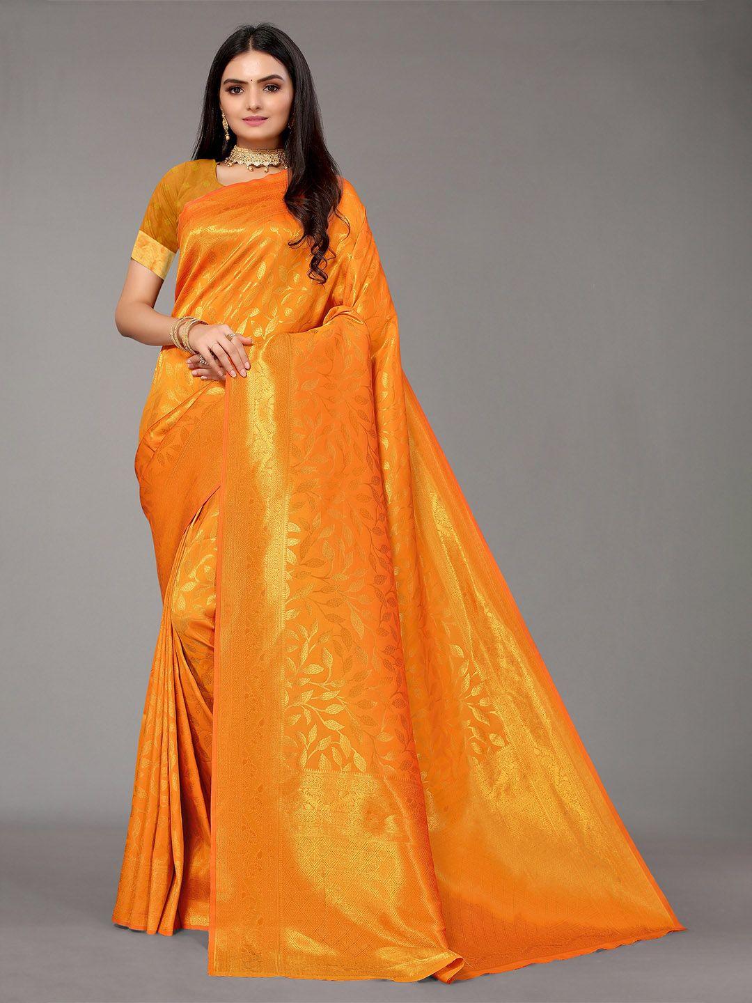 nimayaa women mustard & gold-toned zari silk blend kanjeevaram saree