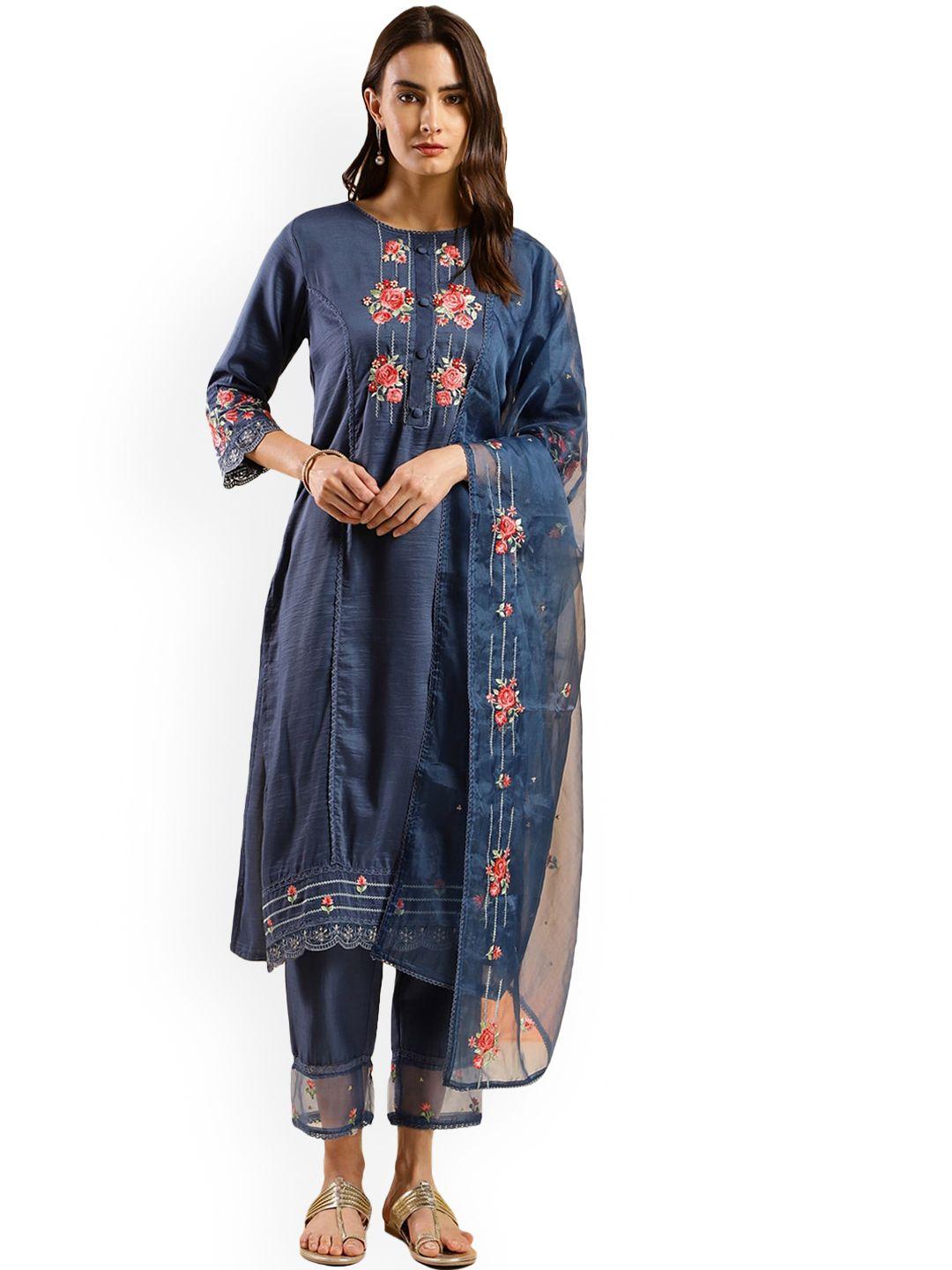 nimayaa women navy blue floral embroidered regular thread work kurta with trousers & with dupatta