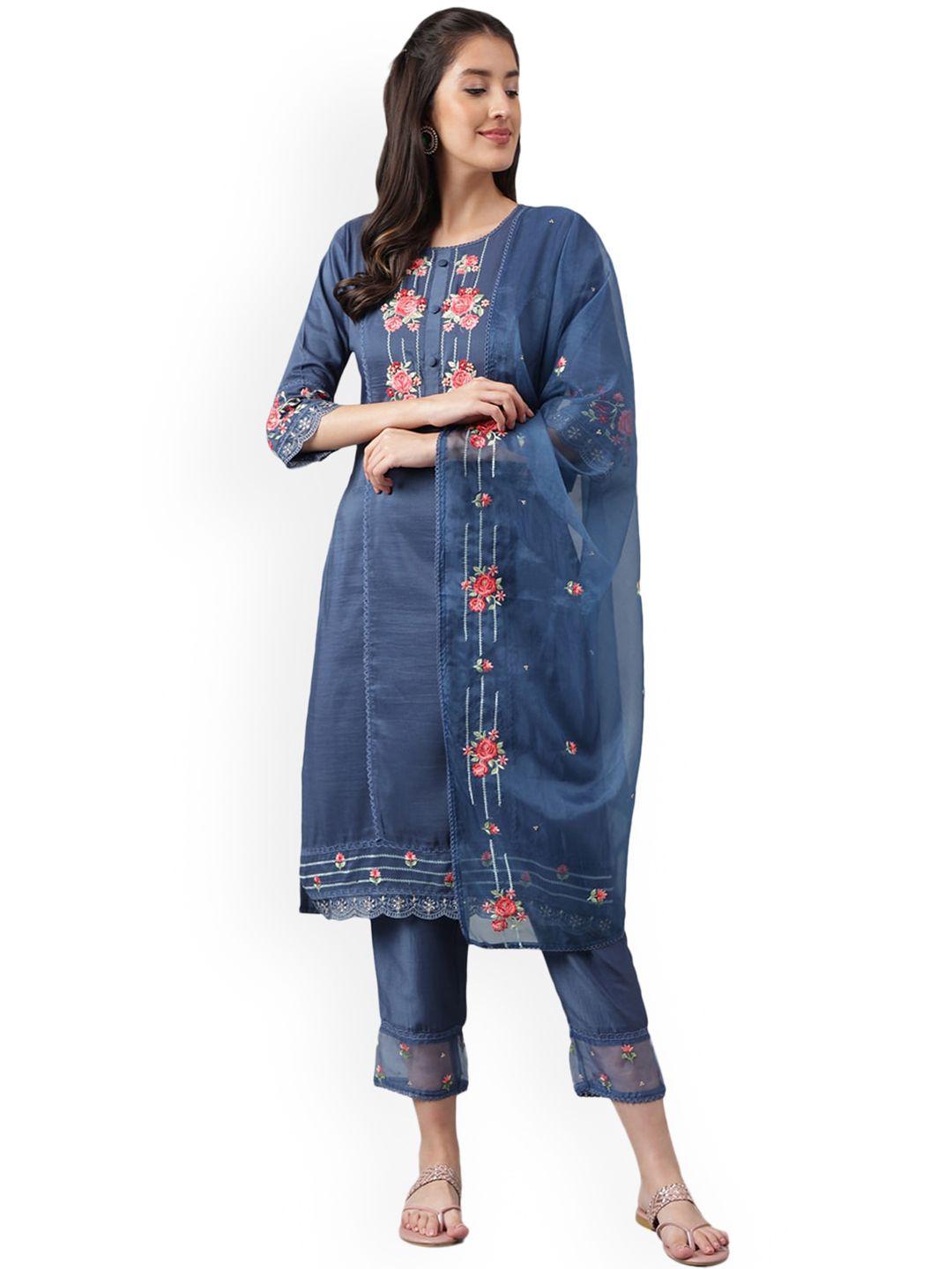 nimayaa women navy blue floral embroidered regular thread work kurta with trousers & with dupatta